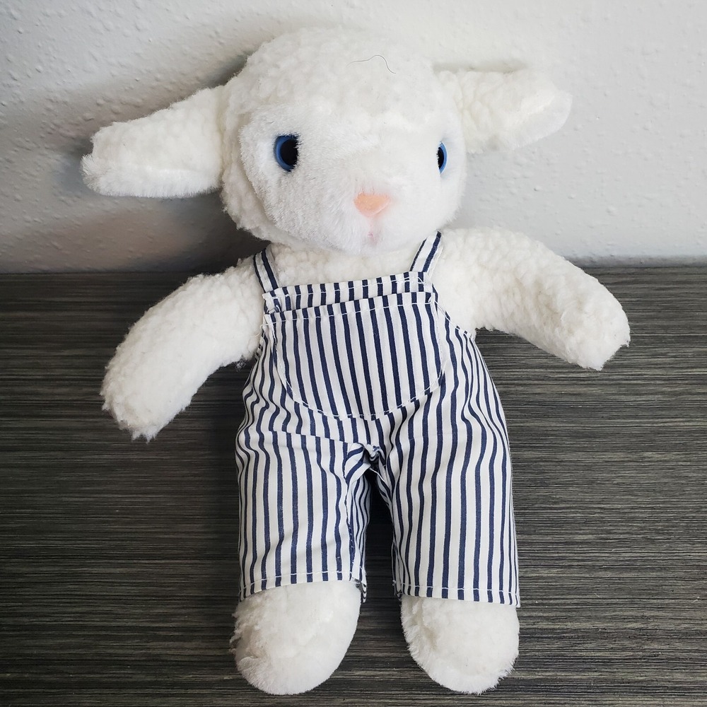 White Sherpa Lamb Sheep Plush 10" Stuffed Animal Wearing Blue Striped Overalls